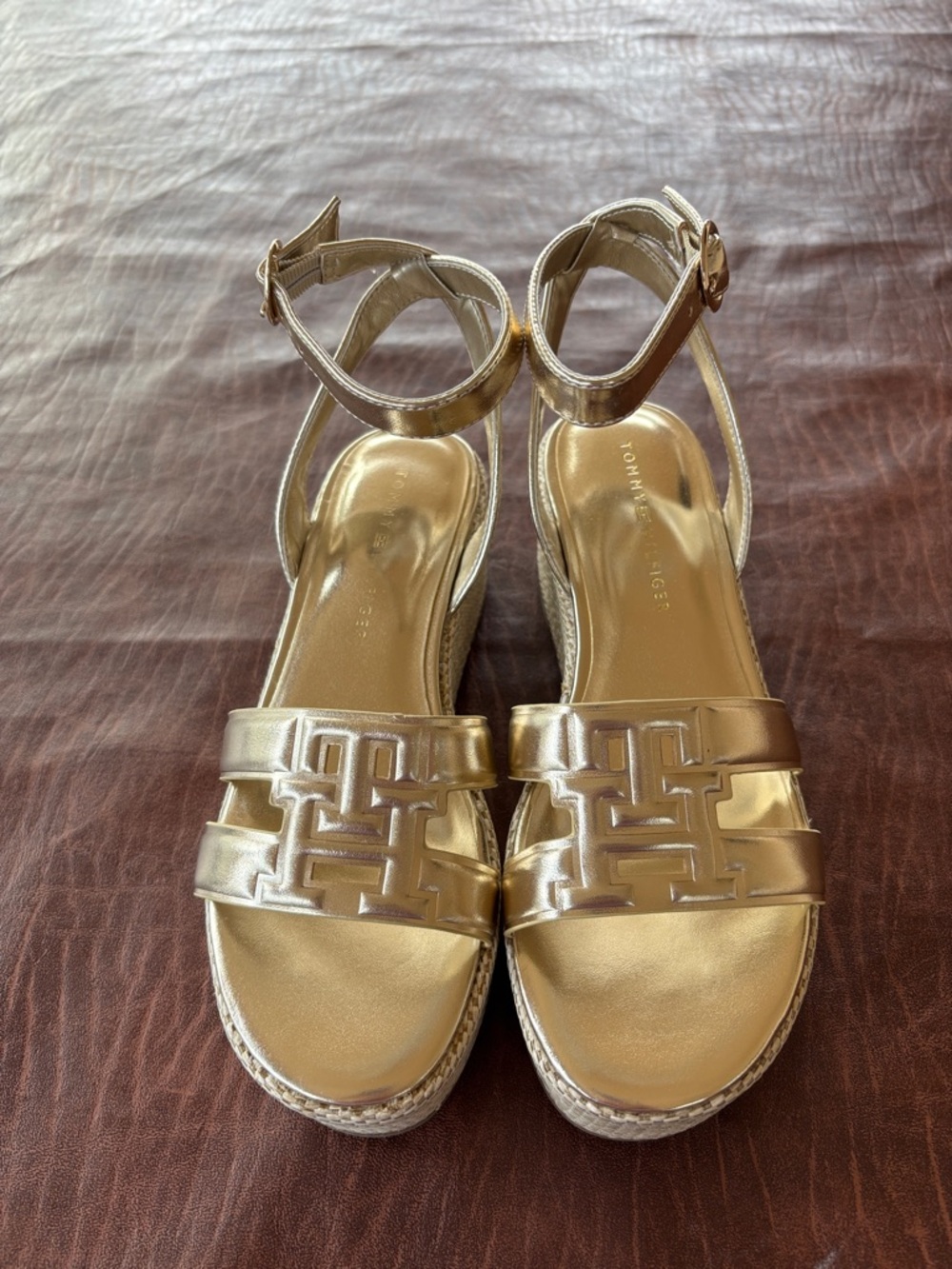 Tommy Hilfiger Metallic Gold Wedge Sandals with Ankle Strap